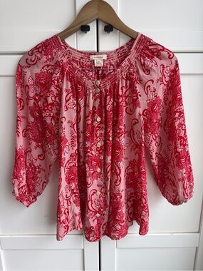 Sundance 100% Silk Red Floral Peasant Blouse Size S